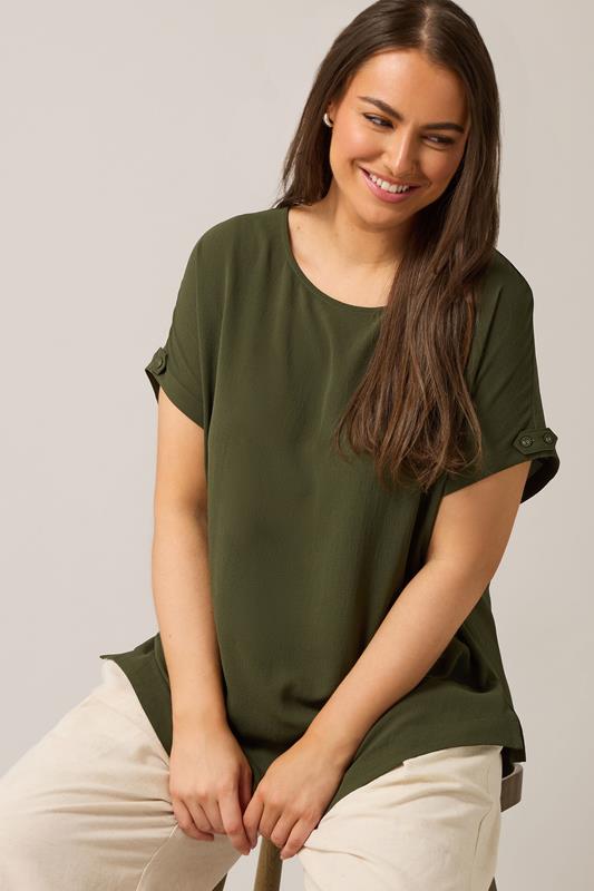 evans EVANS Curve Khaki Green Button Sleeve Blouse