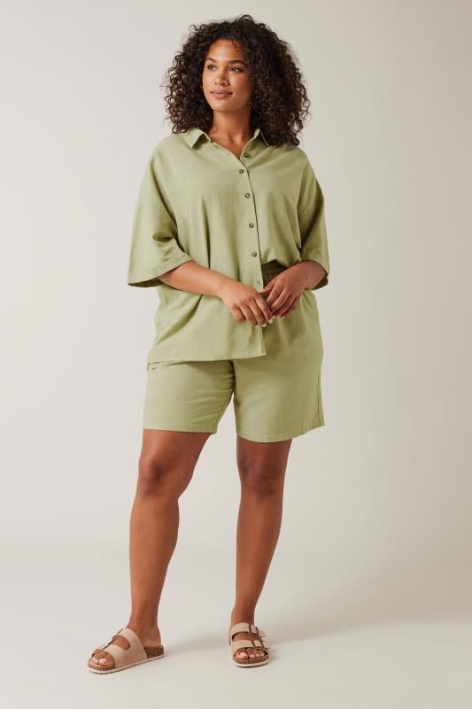 Evans EVANS Curve Khaki Green Linen Pocket Shorts