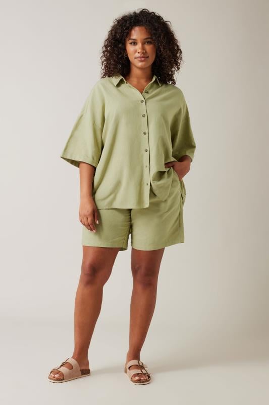 Evans EVANS Curve Khaki Green Linen Shirt