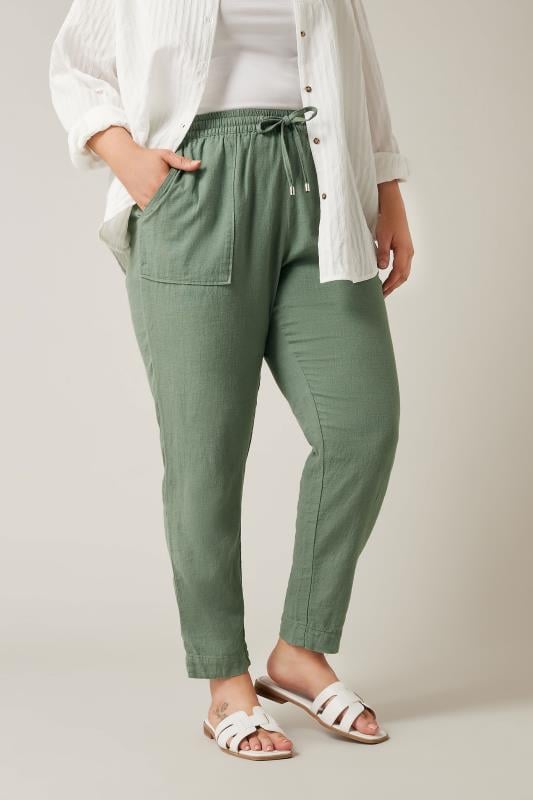 Evans EVANS Curve Khaki Green Linen Tapered Jogger