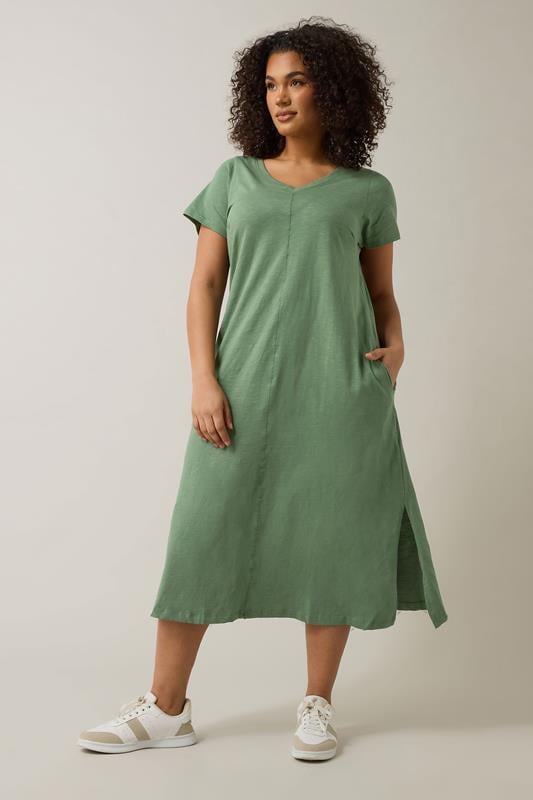 evans EVANS Curve Khaki Green Premium Cotton Dress