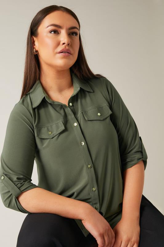 Evans EVANS Curve Khaki Green Tab Sleeve Blouse