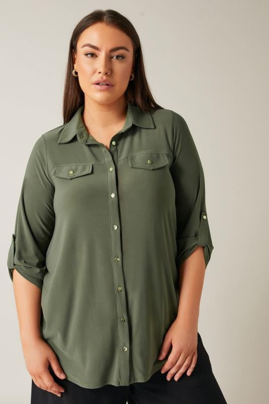 evans EVANS Curve Khaki Green Tab Sleeve Blouse