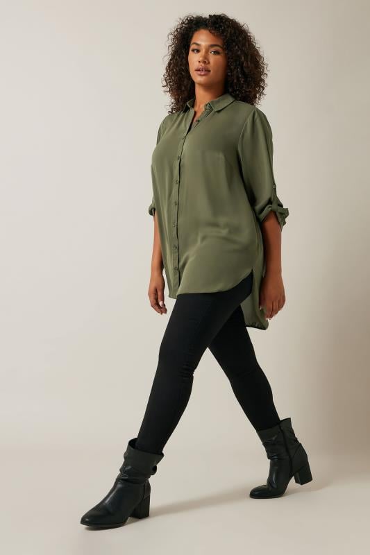 Evans EVANS Curve Khaki Green Tab Sleeve Shirt