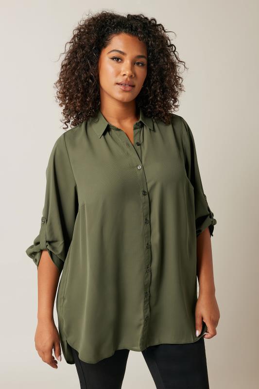 evans EVANS Curve Khaki Green Tab Sleeve Shirt