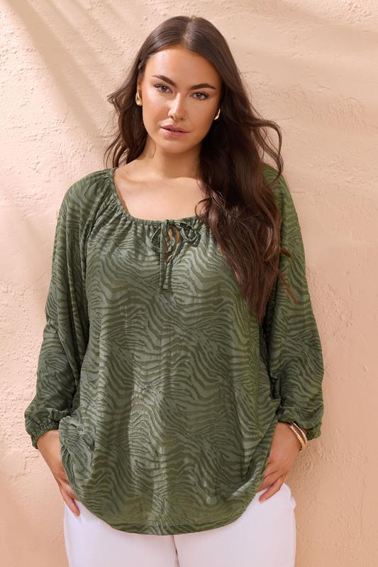 evans EVANS Curve Khaki Green Zebra Burnout Blouse