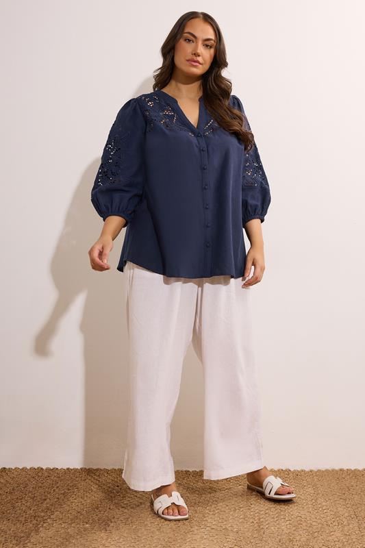 Evans EVANS Curve Navy Blue Cutwork Linen Blouse