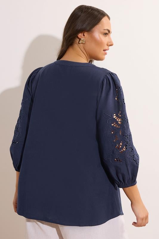 Evans EVANS Curve Navy Blue Cutwork Linen Blouse