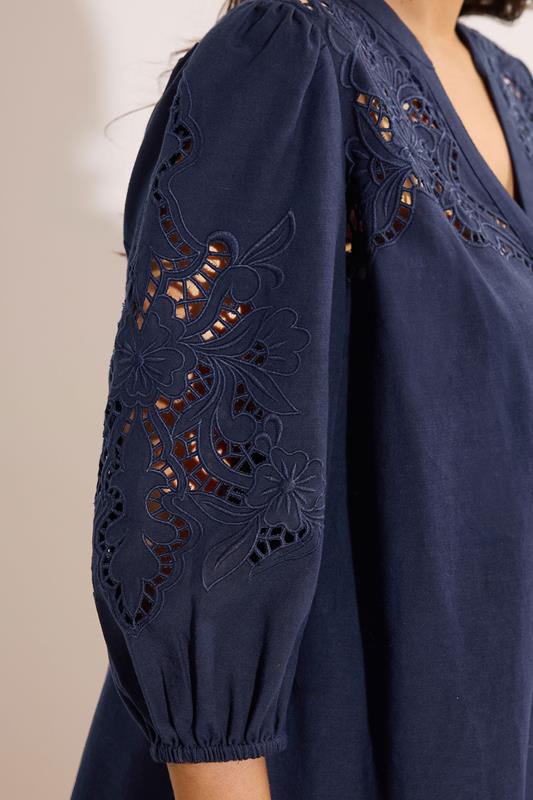 Evans EVANS Curve Navy Blue Cutwork Linen Blouse