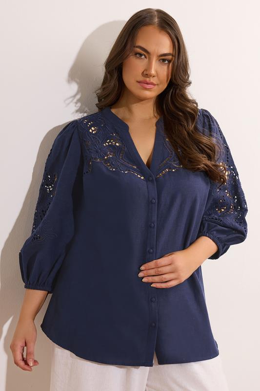 evans EVANS Curve Navy Blue Cutwork Linen Blouse