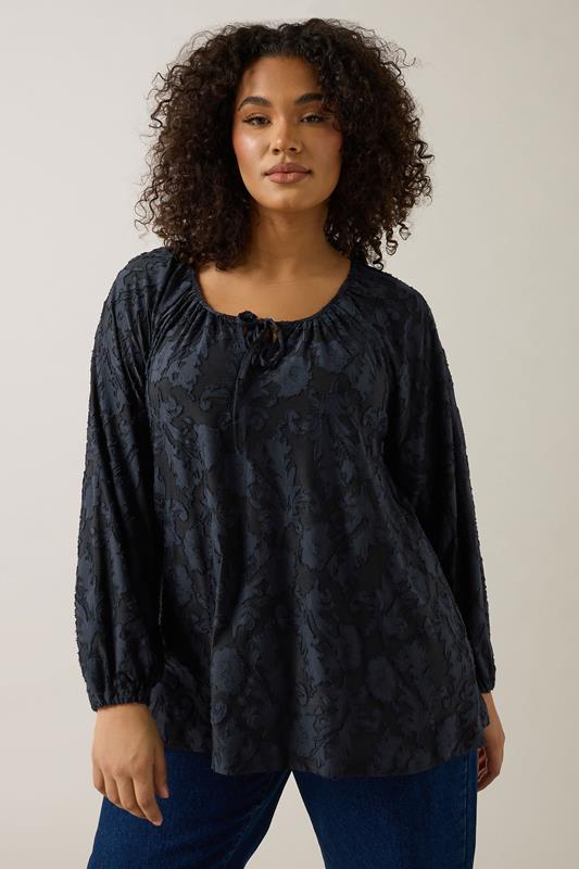 Evans EVANS Curve Navy Blue Floral Burnout Blouse