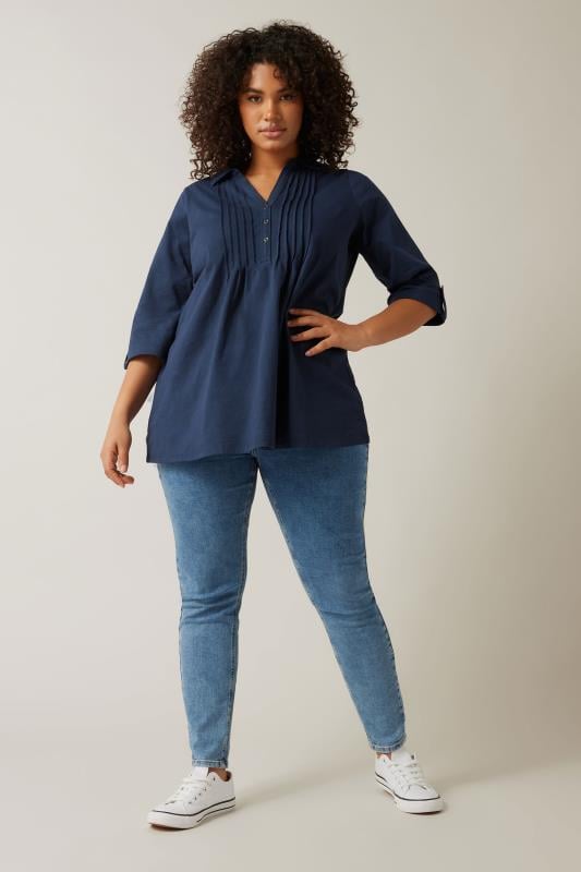 Evans EVANS Curve Navy Blue Pintuck Henley Top