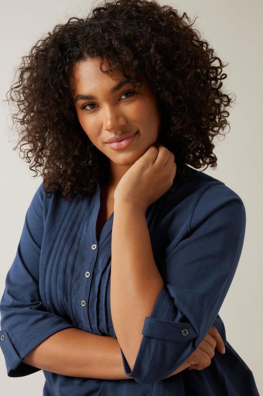 Evans EVANS Curve Navy Blue Pintuck Henley Top