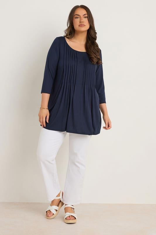 Evans EVANS Curve Navy Blue Pintuck Modal Rich Top