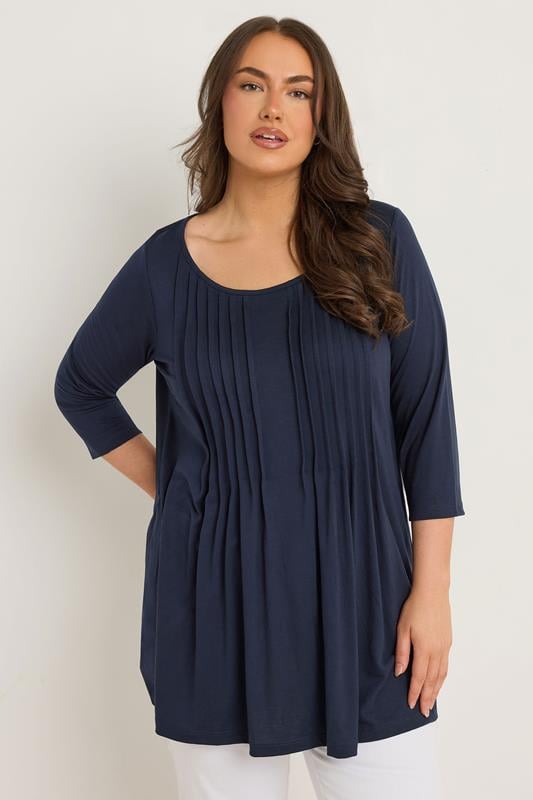 evans EVANS Curve Navy Blue Pintuck Modal Rich Top