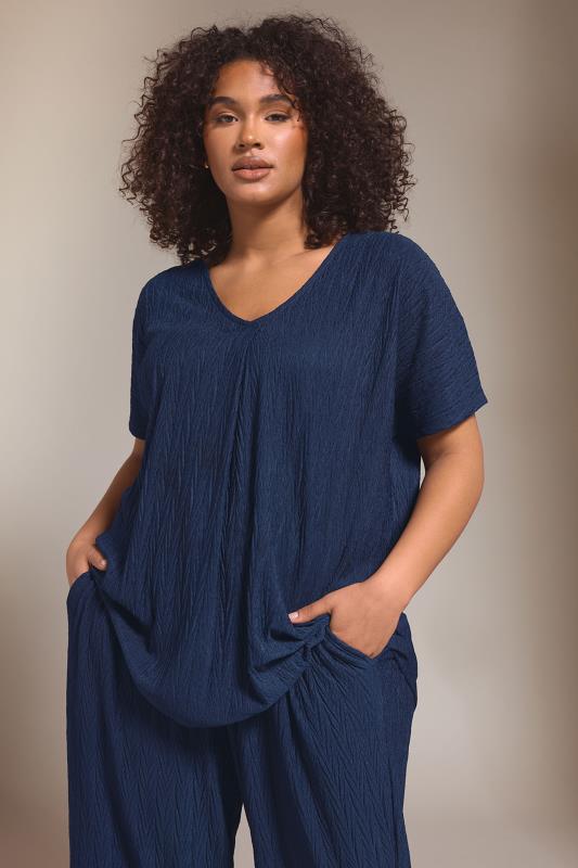 evans EVANS Curve Navy Blue Plisse Pleat Front Top