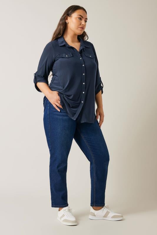 Evans EVANS Curve Navy Blue Tab Sleeve Blouse