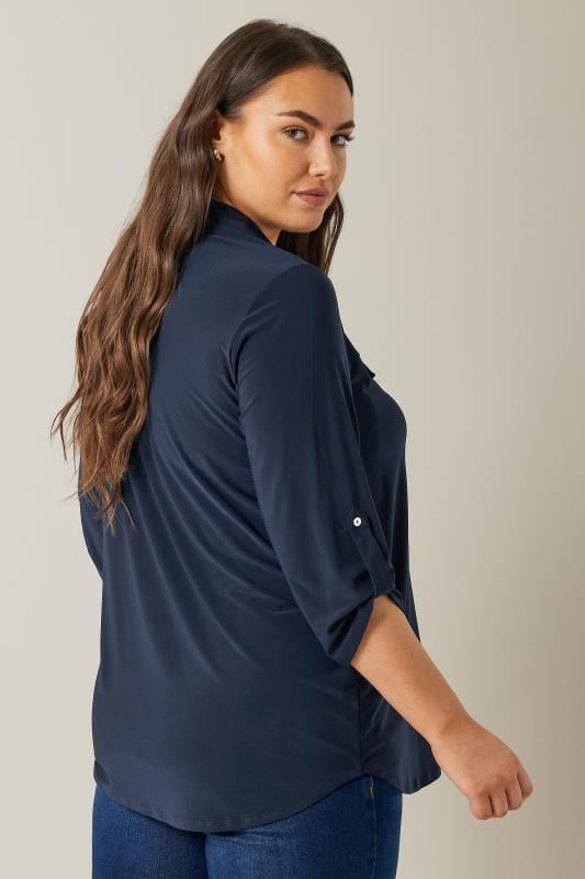 Evans EVANS Curve Navy Blue Tab Sleeve Blouse