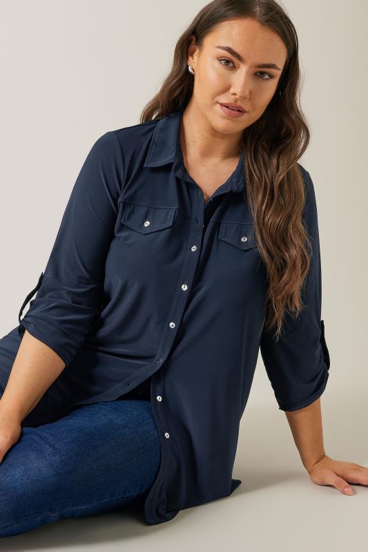 Evans EVANS Curve Navy Blue Tab Sleeve Blouse