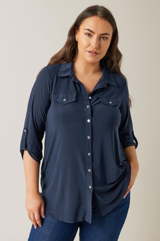 evans EVANS Curve Navy Blue Tab Sleeve Blouse