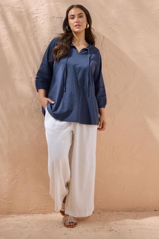 Evans EVANS Curve Navy Blue Tie Neck Cotton Top