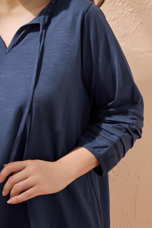 Evans EVANS Curve Navy Blue Tie Neck Cotton Top
