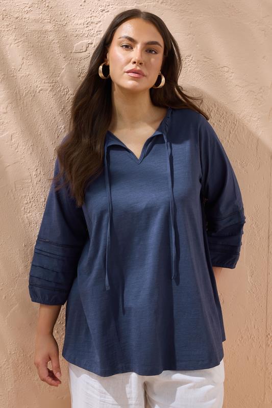 evans EVANS Curve Navy Blue Tie Neck Cotton Top