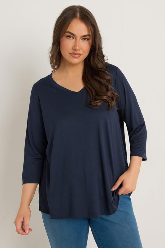Evans EVANS Curve Navy Blue V-Neck Modal Rich Top