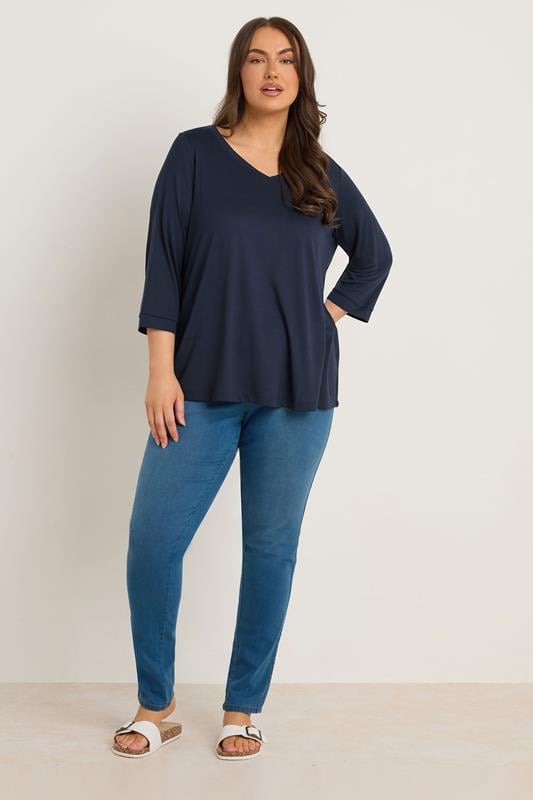 Evans EVANS Curve Navy Blue V-Neck Modal Rich Top
