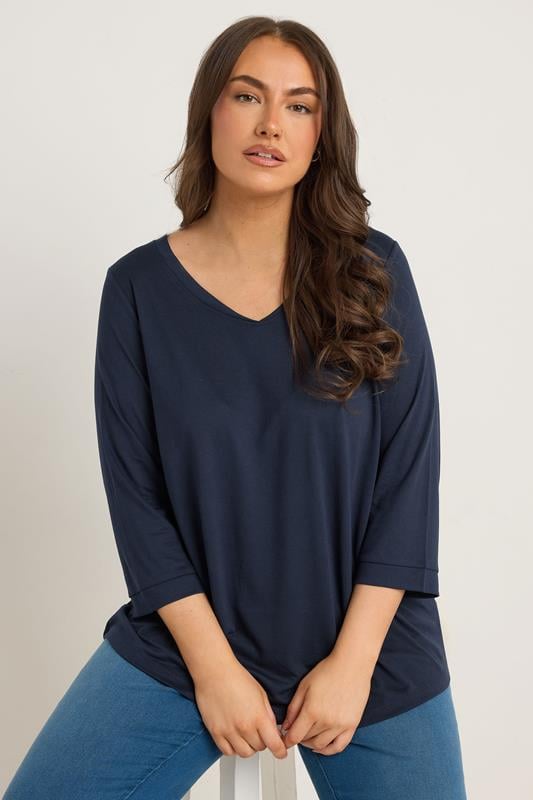 evans EVANS Curve Navy Blue V-Neck Modal Rich Top