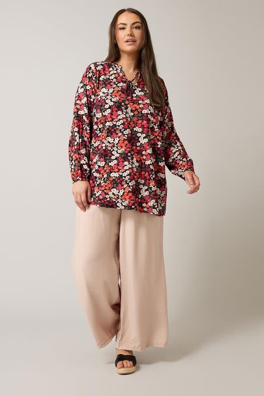Evans EVANS Curve Orange Ditsy Floral Tie Neck Top