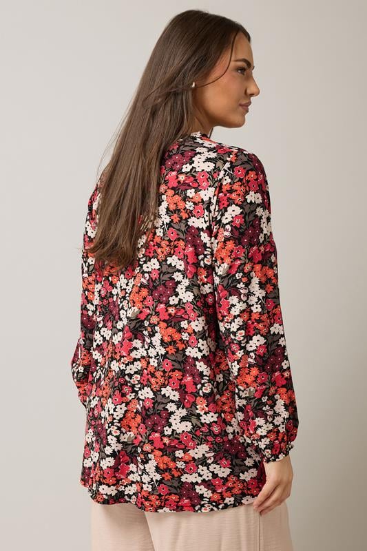 Evans EVANS Curve Orange Ditsy Floral Tie Neck Top