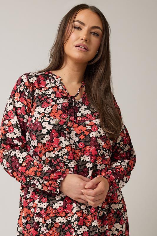 Evans EVANS Curve Orange Ditsy Floral Tie Neck Top