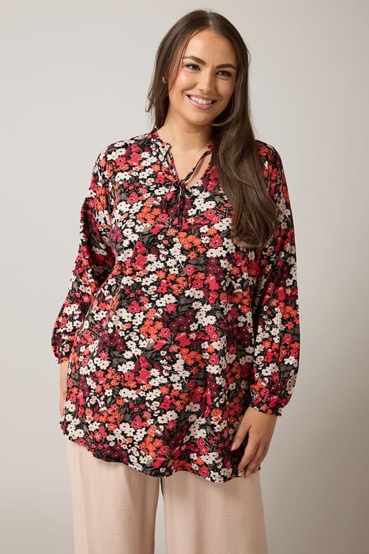 evans EVANS Curve Orange Ditsy Floral Tie Neck Top