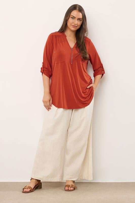 Evans EVANS Curve Orange Zip Front Jersey Blouse