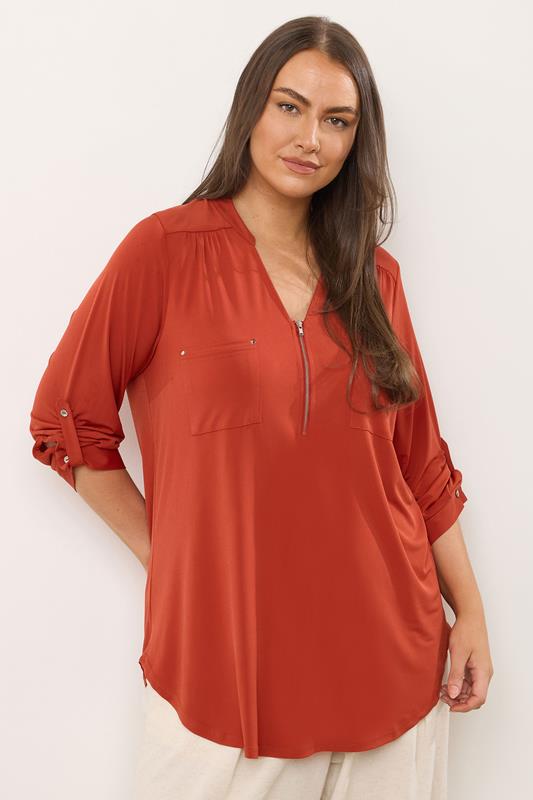 evans EVANS Curve Orange Zip Front Jersey Blouse
