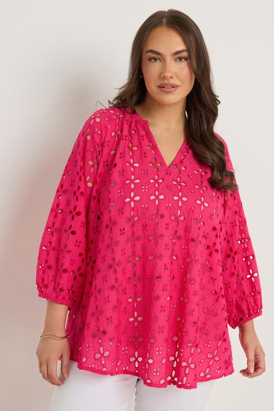 Evans EVANS Curve Pink Long Sleeve Broderie Blouse