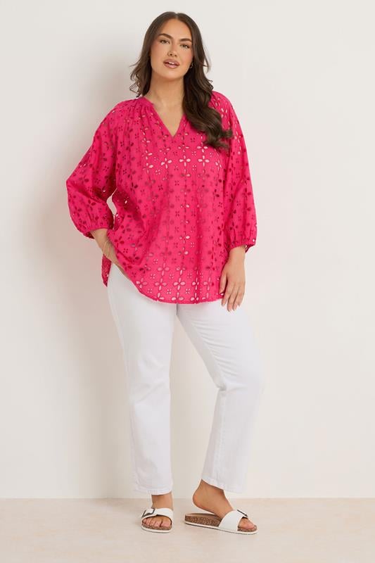 Evans EVANS Curve Pink Long Sleeve Broderie Blouse