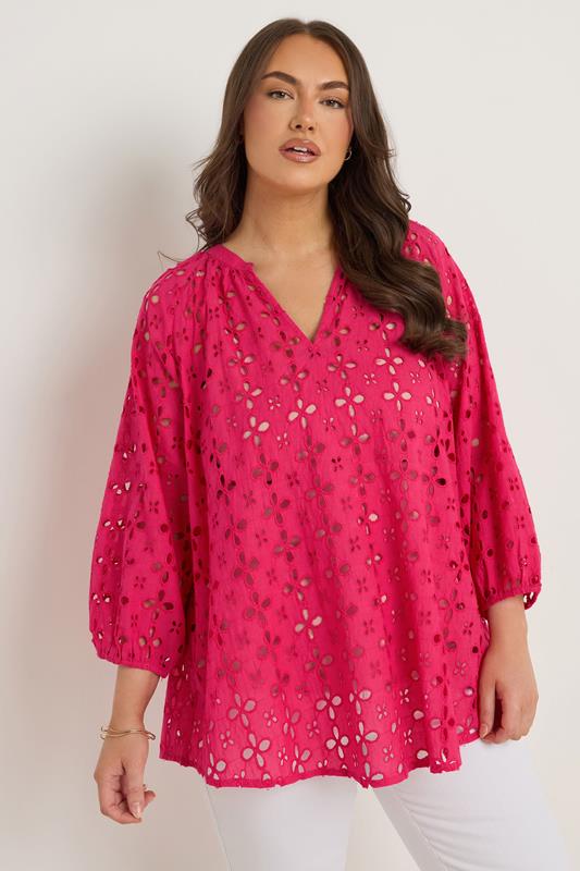 evans EVANS Curve Pink Long Sleeve Broderie Blouse