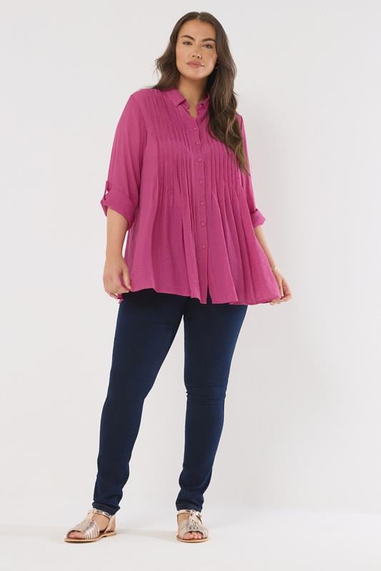 Evans EVANS Curve Pink Pintuck Tab Sleeve Shirt