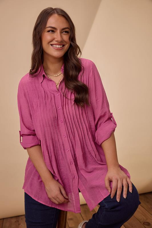 evans EVANS Curve Pink Pintuck Tab Sleeve Shirt