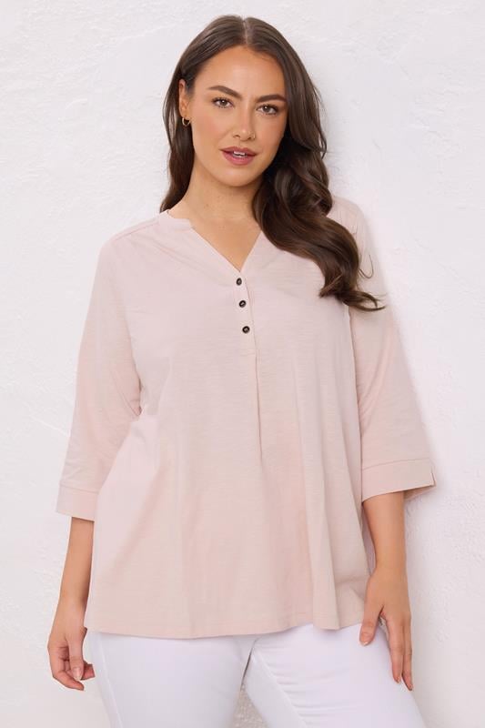 evans EVANS Curve Pink Pleat Front Henley Top