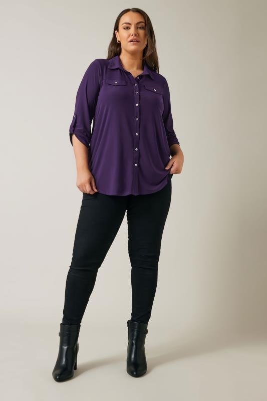 Evans EVANS Curve Purple Tab Sleeve Blouse