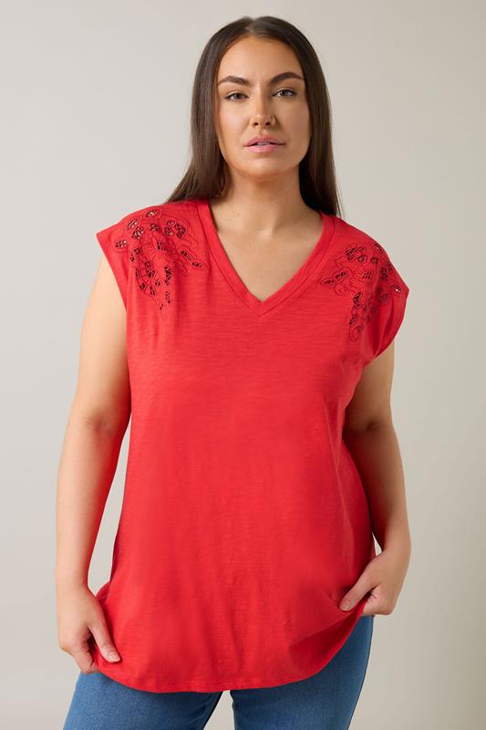 Evans EVANS Curve Red Broderie Anglaise Vest Top