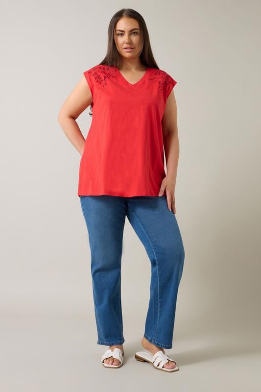 Evans EVANS Curve Red Broderie Anglaise Vest Top