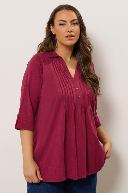 evans EVANS Curve Red Pintuck Henley Top