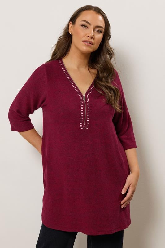 evans EVANS Curve Red Zip Front Stud Detail Top