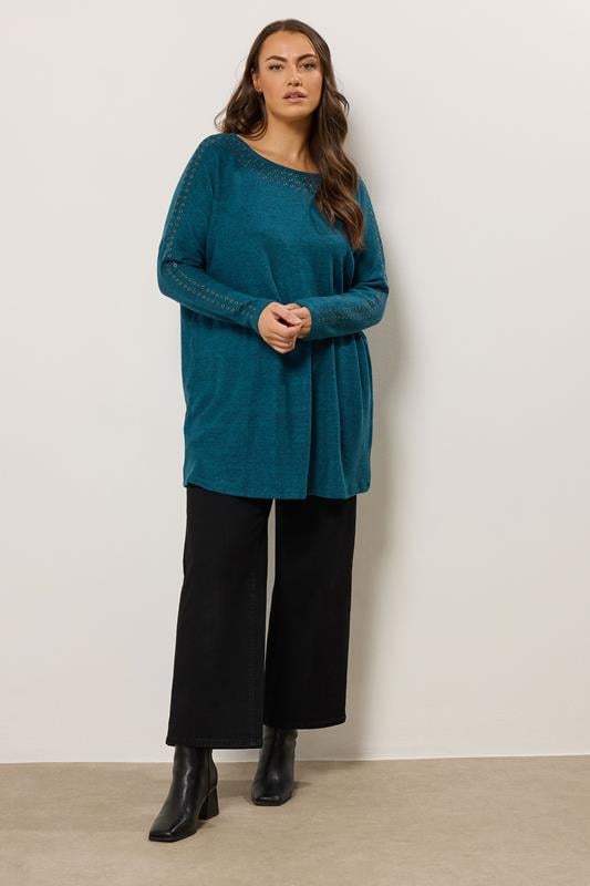 Evans EVANS Curve Teal Blue Eyelet Sleeve Jumper