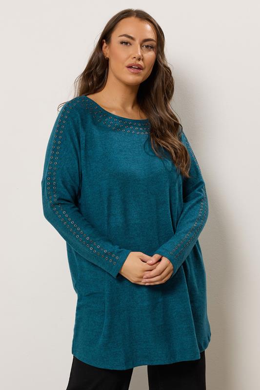evans EVANS Curve Teal Blue Eyelet Sleeve Jumper