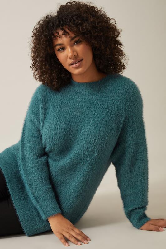 Evans EVANS Curve Teal Blue Fluffy Knitted Jumper